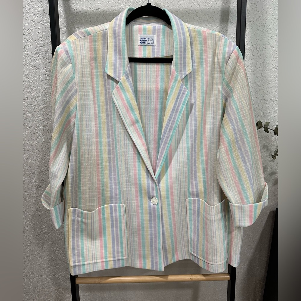 Vintage Cape Cod Match Mates Pastel Rainbow Stripe Blazer XL